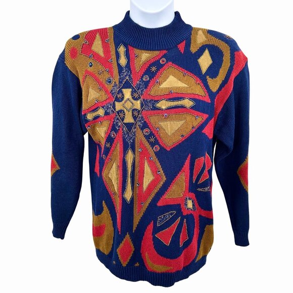 VINTAGE 1992 I.B. DIFFUSION COLORFUL KNIT BEAD SEQUINS MOCK NECK SWEATER - S - Picture 1 of 4